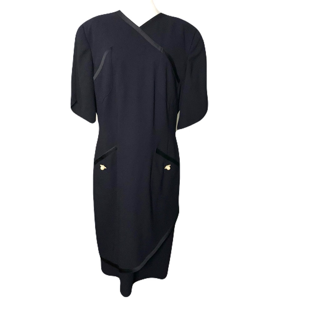 NEW Vintage Louis Feraud Size 12 Deep Navy Asymmetric Midi Dress Pearl Button